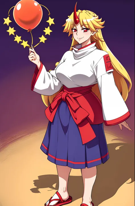 hoshiguma yuugi,medium breast , large skirt, traditional german clothing, bloon hair, red eyes, single horn,oni, closed pullover,long skirt,full body, standing, smile, flipflops