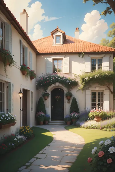 A painting of a summertime landscape, in a garden with flowers and a big rose bush, daytime light.