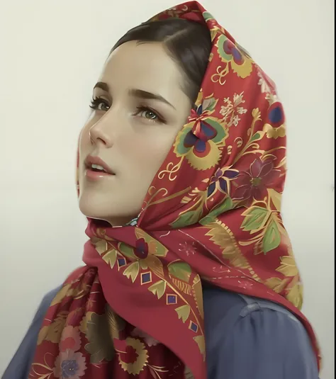 Woman in red scarf and blue shirt with red scarf, Russian clothes, wearing a headscarf on your head, russian costume, screenshot from a movie, traditional russia, head scarf, Russian Style, Wearing a scarf, a scarf, still from a music video, youtube video ...