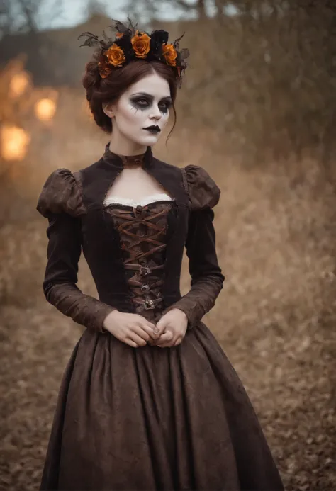 steampunc、Steampunk Body、Full body posture、skeletal、Machine body、Gear device、Karakuri doll、Industrial Revolution、Russian woman、drooing eyes、Short hairstyle、Little fat girl、sulky face、skeletal、(((Halloween Makeup)))Autumn landscape、evening、Like the Addams F...