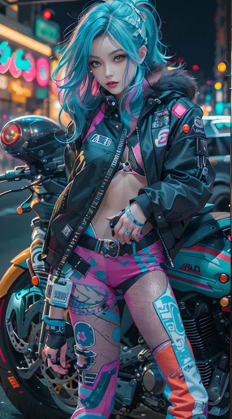 Masterpiece, Best quality, Confident cyberpunk girl, Full body shot, ((Stand in front of the motorcycle)), Popular costumes in Harajuku style, Bold colors and patterns, Eye-catching accessories, Trendy and innovative hairstyle, Vibrant makeup, Cyberpunks d...