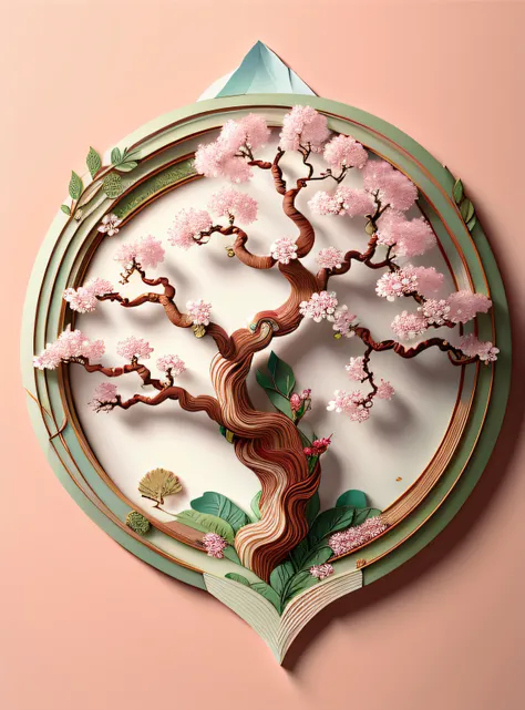 A natural and organic depiction of an ancient cherry blossom tree, featuring earth tones and botanical motifs representing her connection to nature and the environment, influenced by botanical illustrations or environmental art, created by artists such as ...