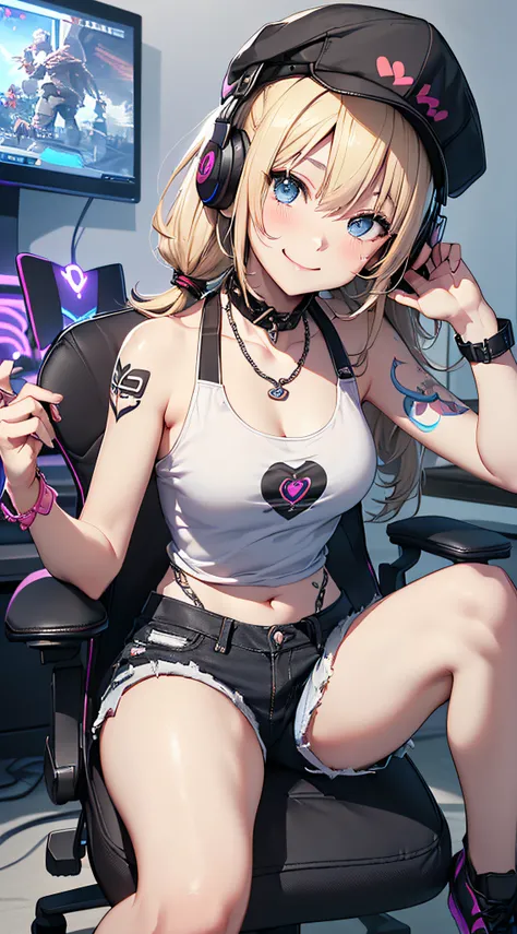 top-quality、Top image quality、​masterpiece、girl with((18year old、Cool hat、Tattoo of the heart symbol on the right shoulder、Black Navel Tank Top、White shorts、Best Bust、Bust 85、a blond、poneyTail、Blue eyes、open chest wide、Happiness、Chain Accessories、Black wri...