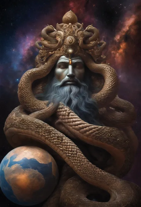 Cosmic god with the appearance of a multi-headed snake, curling up on multiple planets