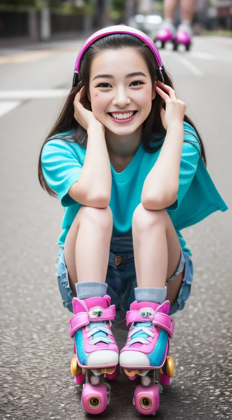 ((roller skates))、a smile、(​masterpiece、top-quality) 、kawaii、(Colossal tits:1.2)、((20 year old woman:1.2))、Young adorable Japan face, ,Soft portrait shots,in 8K,、Young cute gravure idol