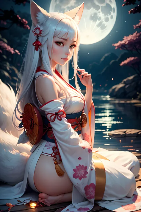 Content Idea: In the glow of the full moon, a nine-tailed fox with the countenance of a beautiful woman, adorned in a white kimono, gazes at you with a captivating glance.