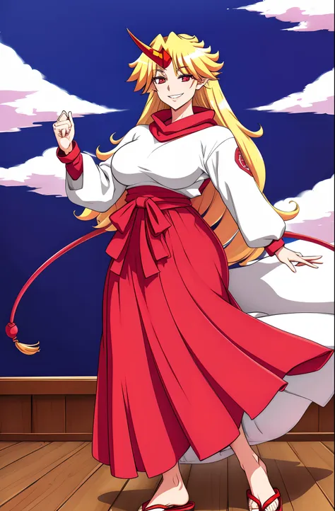 hoshiguma yuugi,medium breast , large skirt, traditional german clothing, bloon hair, red eyes, single horn,oni, closed pullover...