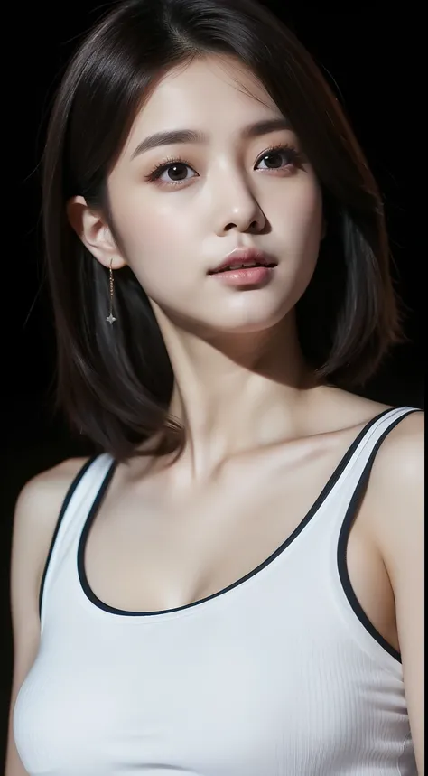 Realistic photo of 1 cute Korean star, Medium hair, Hair flying, White skin, thin makeup, 32 inch breast size, wearing a black tank top, At the camp, Night, Close-up portrait, hyper HD