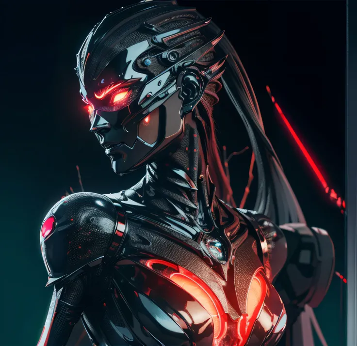 a close up of a robot with glowing eyes and a red light, beutiful girl cyborg, portrait of a cyborg queen, cyborg girl, detailed portrait of a cyborg, beautiful female cyborg, angry female cyborg, beautiful alluring female cyborg, perfect anime cyborg woma...