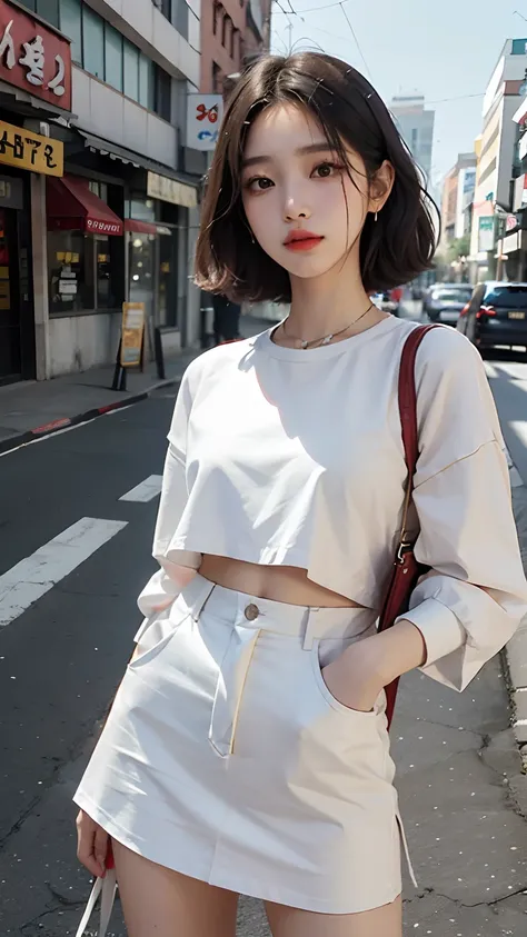 mulher coreana, idol kpop, cabelo alternativo, rua movimentada, roupas casuais de luxo, roupas escuras, joias, dia ensolarado, detalhes no rosto, rosto detalhado, altas qualidade, Blurred urban scenery