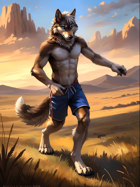 ((solo)), male people, anthro wolf, (multi-colored fur, white-brown:1.3), ((wolf face, white hair, big eyes, white eyelids, blue...