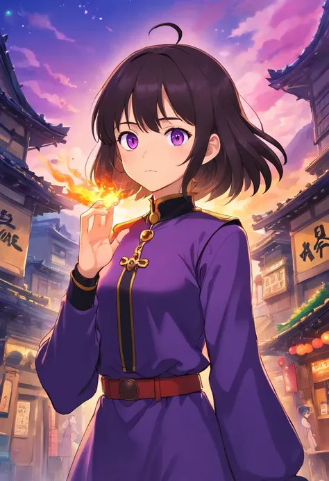 A girl wearing an anime collar, Purple pupils，cabelos preto e longos，Tall，Cold，Wearing a black heavy armor，Open right hand，There is a flame in the palm of your hand，The background is the endless void