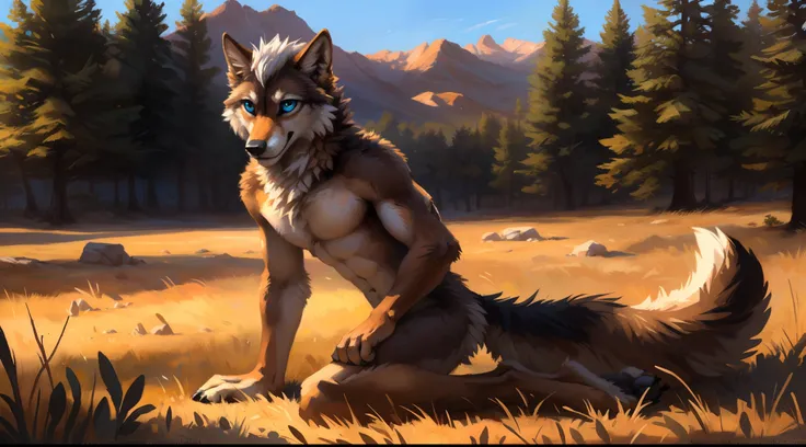 ((Solo)), male people, coyote, (Multi-colored fur, White-brown:1.3), ((Wolf face, White hair, Big eyes, White eyelids, Blue pupil, Slim:1.2) (Tough, Calm expression:1.2)), Abs, Slim, pinging)), (Correct anatomy), The upper body is naked,large tail，Feet，(Re...