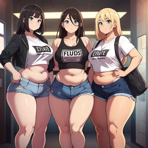 ((highres)), Masterpiece, high quality, best quality, beautiful, perfect lighting, detailed face, ultra cute face, ((3girls)), one girl has blonde hair, blue eyes, crop top and shorts skindentation, one girl has brown hair, green eyes, jeans, white shirt, ...