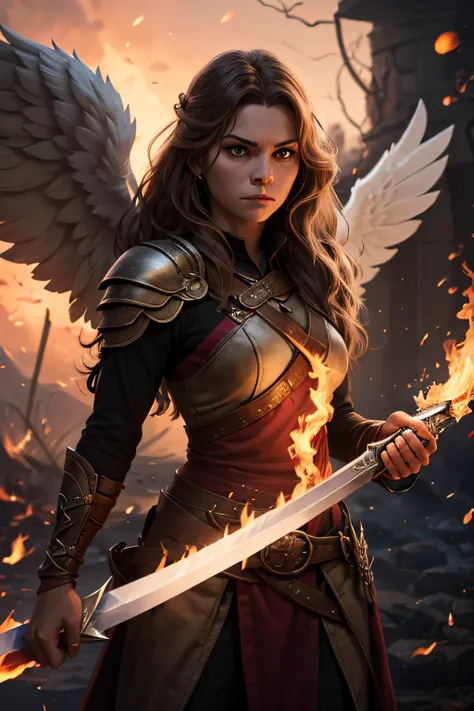 png without background of a smiter angel with long hair and a serious face and a flame longsword and coper/light brown wings