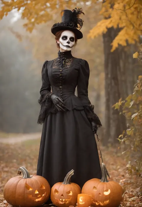 steampunc、Steampunk Body、Full body posture、skeletal、Machine body、Gear device、Karakuri doll、Industrial Revolution、Russian men、50 years old、Short hairstyle、Little fat girl、sulky face、skeletal、(((Halloween Makeup)))Autumn landscape、evening、Like the Addams Fam...