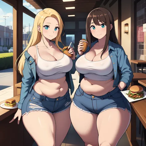 ((highres)), Masterpiece, high quality, best quality, beautiful, perfect lighting, detailed face, ultra cute face, ((2girls)), one girl has blonde hair, hair brushed to one side, blue eyes, crop top and shorts skindentation, one girl has brown hair, green ...