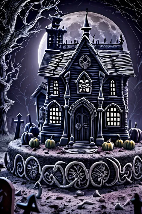 Photo of (creepy) cake in a (spooky) graveyard, moon, style of tim burton, elaborate intricate detailed high quality highres dramatic lighting 8k high saturation