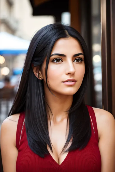 (front view) very detailed photo of Italian woman, detailed coffee shop background, (with black hair), (dark eyes) (symmetrical beautiful face) nice and defined nose, (protruding and angular jaw), defined lips proportional and full, stunning realistic phot...