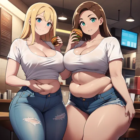 ((highres)), Masterpiece, high quality, best quality, beautiful, perfect lighting, detailed face, ultra cute face, ((2girls)), one girl has blonde hair, blue eyes, crop top and shorts skindentation, one girl has brown hair, green eyes, jeans, white shirt, ...