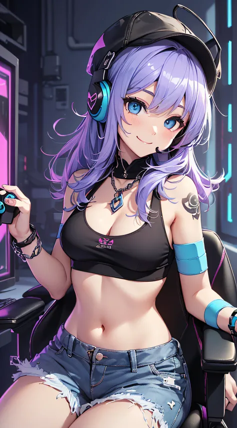 top-quality、Top image quality、​masterpiece、girl with((18year old、Cool hat、Tattoo on the right shoulder、Black Navel Tank Top、White shorts、Best Bust、Bust 85、Purple hair、Longhaire、Blue eyes、open chest wide、Happiness、Chain Accessories、Black wristband on wrist、...