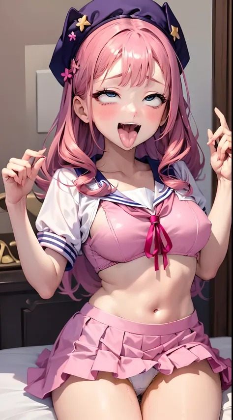 Beautiful illustration、top-quality、Cute little girl s、Bedroom、A pink-haired、length hair、(((Pink pleated skirt)))、(((pink sailor suit)))、shortsleeves、Colossal tits、a navel、Flipping up the skirt with your hands、Show white panties、Pull up your skirt and show ...