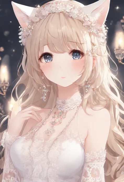 Anime style cat ears pregnant all over the body，Wearing white lace stockings，Top dress