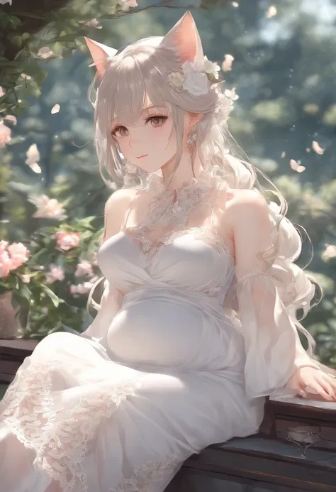 Anime style cat ears pregnant all over the body，Wearing white lace stockings，Top dress