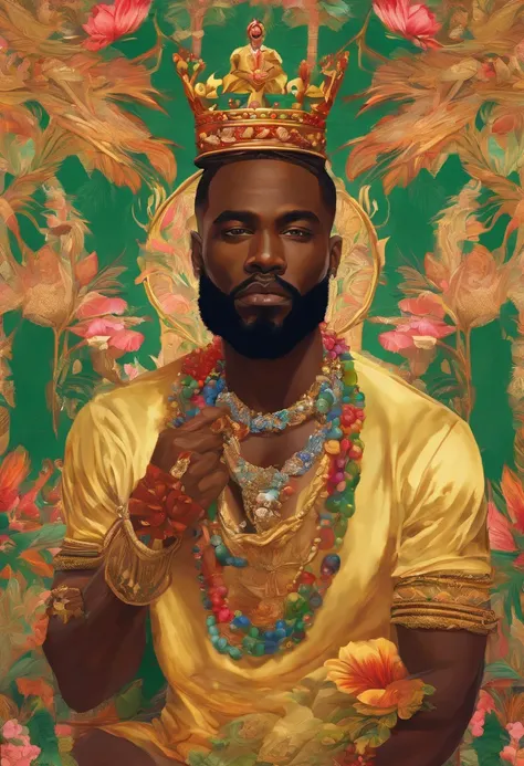 masterpiece, best quality, 1 black man smoking a bright cherry red light cigar with no shirt a full beard, big emerald gold rings, crown, dressed in rural garments and sitting on a thrown with beautiful thich women of all races behind him in a tropical set...