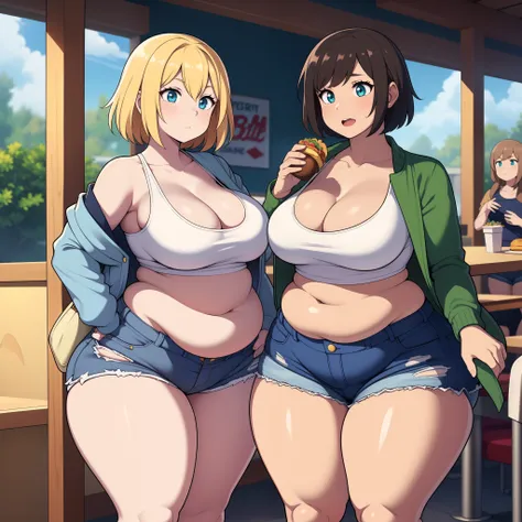 ((highres)), Masterpiece, high quality, best quality, beautiful, perfect lighting, detailed face, ultra cute face, ((2girls)), one girl has blonde hair, hair brushed to one side, blue eyes, crop top and shorts skindentation, one girl has brown hair, green ...