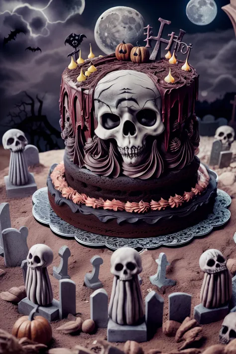 Photo of (creepy) cake in a (spooky) graveyard, moon, style of tim burton, elaborate intricate detailed high quality highres dramatic lighting 8k high saturation