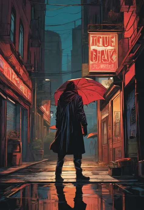 Location: Set the scene in a gritty, rain-soaked urban alleyway. Emphasize the contrast between the dark, wet pavement and the neon signs in the background, casting an eerie glow. Character Style: Render our hero with meticulous attention to detail. Their ...