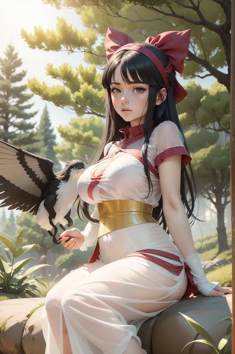 black color hair, surrealism, Ghibli-like colors,  Ghibli-like colors, anime big breast,  Standing painting, angle of view,  foreshortening, foreshortening, 8K, Super detail，Woman with full breasts，See-through installation，see-through transparent clothes