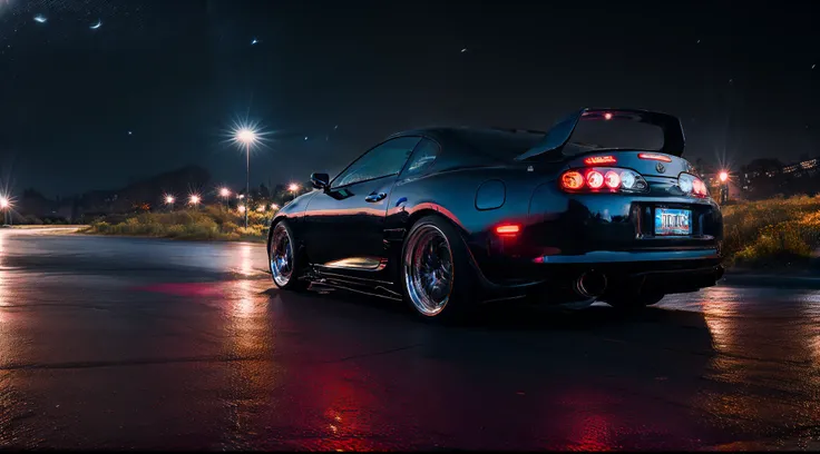 (STANCE), masterpiece,best quality,official art,extremely detailed CG unity 8k wallpaper,illustration, light,car, bright, sports car, vehicle focus, road, ((need for speed)),((NFS)), moving, wet, (((night, midnight))),neon lights,drift,  (MARKII)