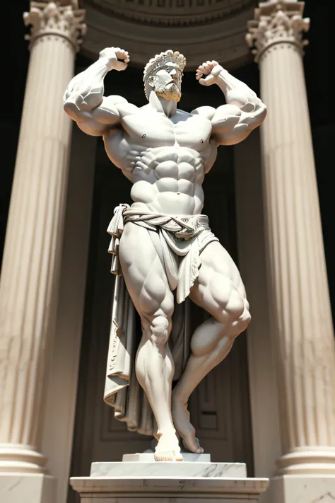 4k rendering of a Roman Greek statue of a strong man with a muscular and well-defined body. The statue is made of white marble and has a black background. Hes on his feet, with arms raised at the side of his head. Your muscles are tense and your face is ex...