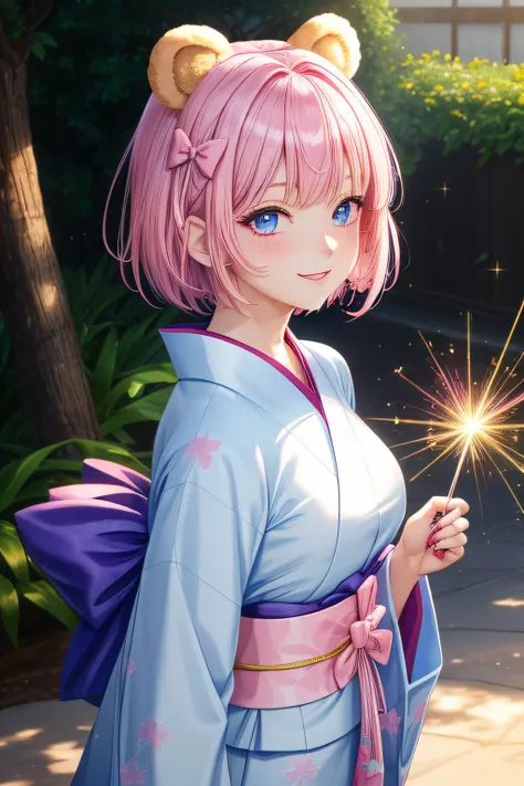 ​master piece, Best Quality, High resolution, Ultra-detailed, 1girl in, Late teens, Pink hair and pale blue eyes, (Yukata:1.1), Fluffy animal ears,  Bangs, Short hair, Bow, Hair Bow, pink bows, (Best Smile:1.1), Brown bear ears, bob cuts, cute, tits out, s...