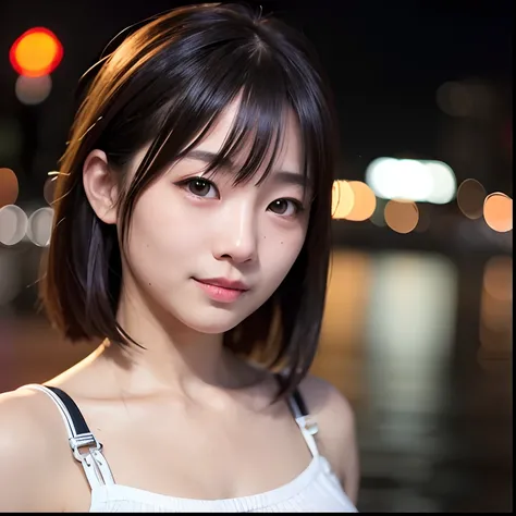 1girl, Tokyo street,night, cityscape,city lights,upper body,close-up,smile,, (8k, RAW photo, best quality, masterpiece:1.2),(realistic, photo-realistic:1.37),