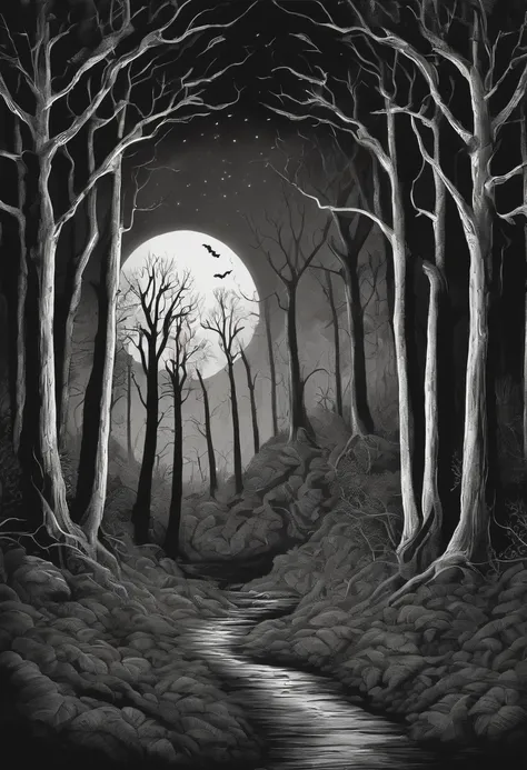 black and white ink drawing of a scary jackolantern in a gloomy forest.forest hollow,night time,no cat make trees on left and right curve tword each other