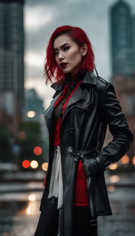 young female vampire Vietnamese, young cute vampire, cybernetic fangs, black red and white dyed hair, dual braided hair, leather trench coat only, Photorealistic, city background, Realistic, Dramatic, Dark, Sharp Focus, 8k