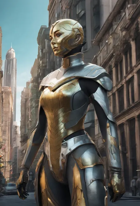 Generate a normal-sized image of a female human female，with dark hair tied up in a bun, She is a solarpunk-inspired eco-street guardian knight in city streets. The Guardian wears futuristic lightweight solar-filled projectile armor with a golden sheen. A s...