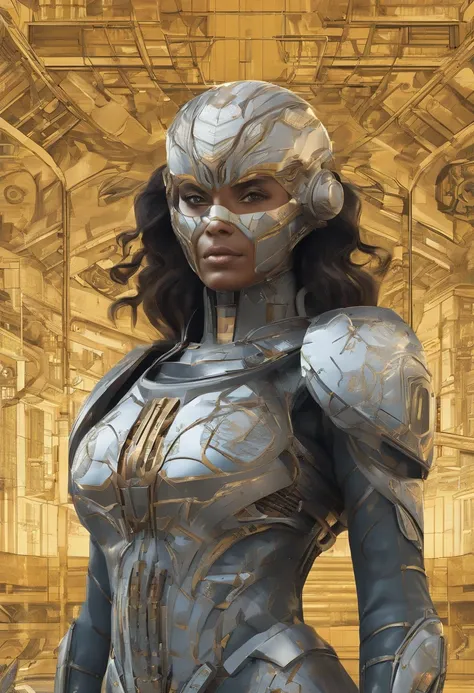 Generate a normal-sized image of a female human female，with dark hair tied up in a bun, She is a solarpunk-inspired eco-street guardian knight in city streets. The Guardian wears futuristic lightweight solar-filled projectile armor with a golden sheen. A s...