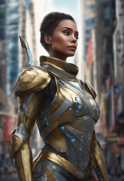 Generate a normal-sized image of a female human female，with dark hair tied up in a bun, She is a solarpunk-inspired eco-street guardian knight in city streets. The Guardian wears futuristic lightweight solar-filled projectile armor with a golden sheen. A s...