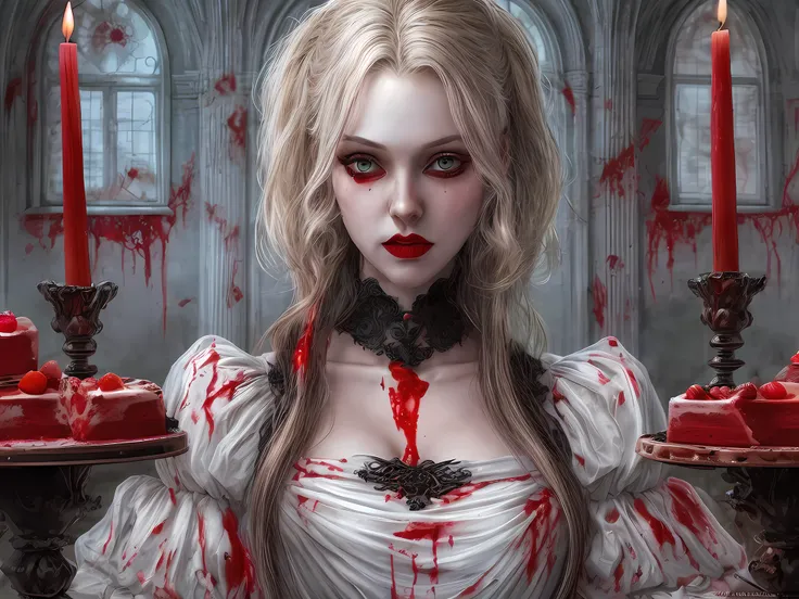 a  picture of extremely (beautiful (1) female vampire: 1.4) looking at (red MasterChef style cake: 1.5), an exquisite (1) beautiful vampire, full body, ultra feminineת (ultra detailed face: 1.2), blond hair, short hair, pale skin, red lips, blue eyes, (vam...