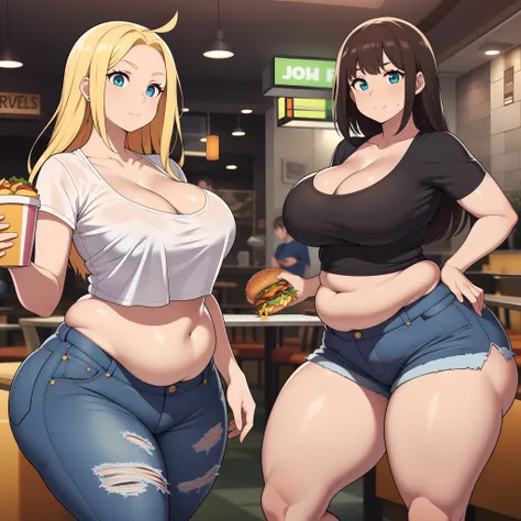 ((highres)), Masterpiece, high quality, best quality, beautiful, perfect lighting, detailed face, ultra cute face, ((2girls)), one girl has blonde hair, blue eyes, crop top and shorts skindentation, one girl has brown hair, green eyes, jeans, white shirt, ...