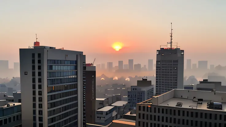 Smoggy city in the early morning, Commercial office building, Behind it is a lovely sunrise