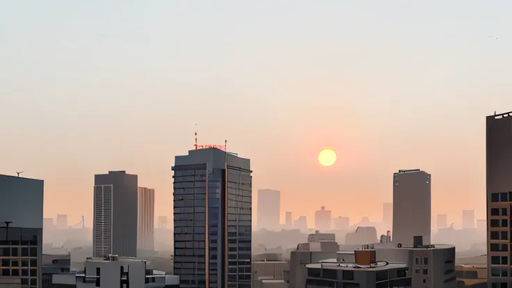 Smoggy city in the early morning, Commercial office building, Behind it is a lovely sunrise