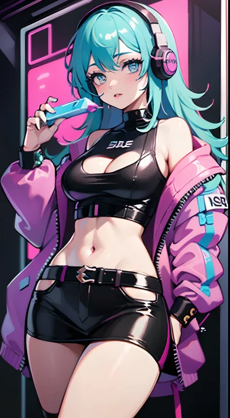 arafed girl with blue hair and headphones holding a pink toy, belle delphine, pastel goth aesthetic, gamer aesthetic, e - girl, e-girl, pastel goth, has cyberpunk style, aesthetic cyberpunk, cyber aesthetic, in cyberpunk style, in cyberpunk aesthetic, very...