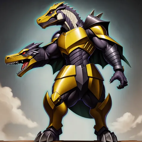 sentai villain, t-rex, monster, metal hero, dinosaur, saurian, clothed, armored, anthro, cape, standing, solo focus