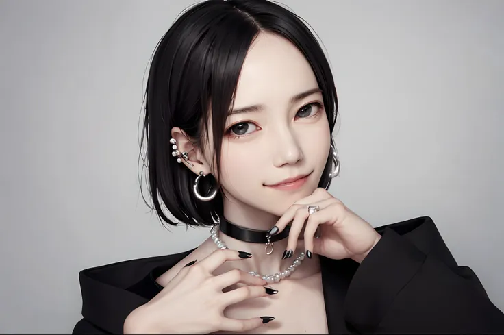 Pilyeon, Solo, 1girl in, Black nails, Jewelry, Short hair, Looking at Viewer, Choker, Necklace, hand on own face, Piercing, White background, heart mark, Closed mouth, grey  eyes, nail polish, Simple background, Grey Hair, ear piercings, Black Choker, Smil...