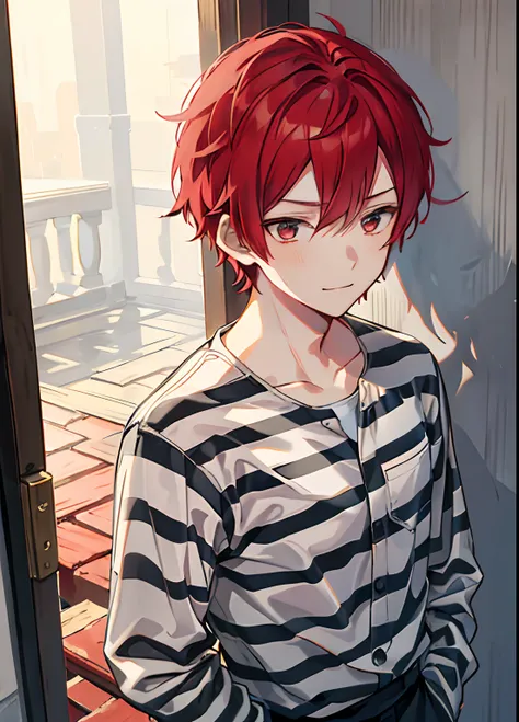 1boy, Handsome man,  Solo,Very short red hair, red hair, up looking_で_viewer, ((masutepiece,Best Quality)), Beautiful detailed eyes, beautifull detailed face、Sleepy face、sleepy expression、A slight smile, (((priclothes))), (((striped clothes))), shirt, outf...